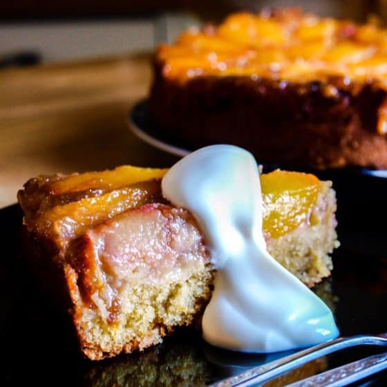 Sliuce of Peach and Rhubarb Updside Down Cake
