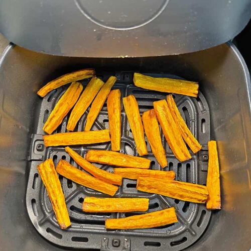 carrots roasted in air fryer for Roasted Carrot Hummus.