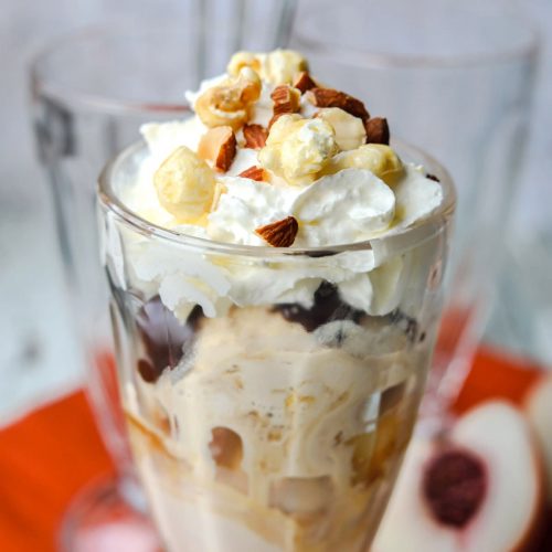 Salted Caramel Peach Ice Cream Sundae wth toppings