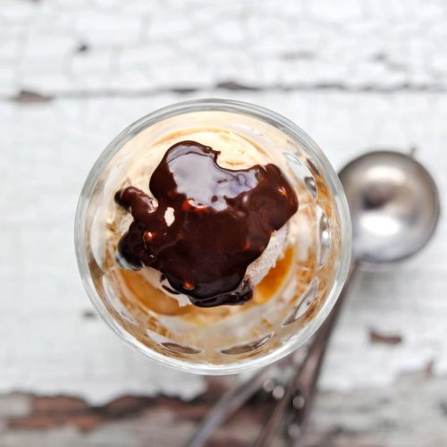 Chocolate sauce over ice Cream Sundae