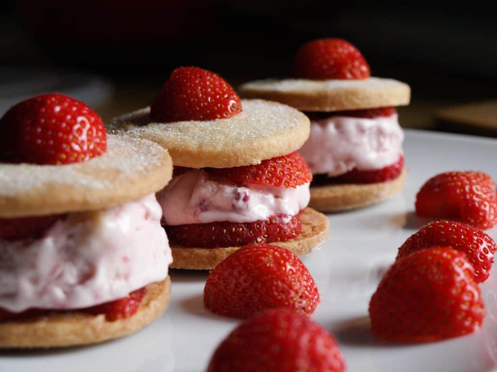 Strawberry Ice Cream Sandwich, a crisp shortbread cookie filled with fresh Scottish Strawberries and strawberry ice cream