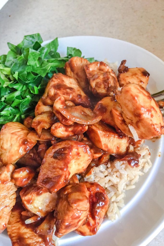 Serve FRied Chicken and Cashews with rice