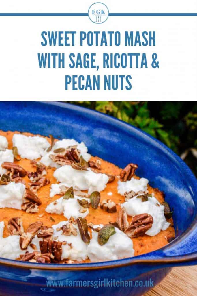 Blue serving dish with Sweet Poato Mash, ricotta, sage and pecan nuts