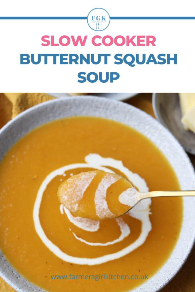 Slow Cooker Butternut Squash in bowl with spoon and cream