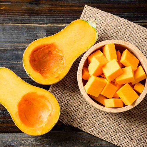 butternut Squash halves and chopped