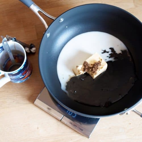 Melt the sugars and wet ingredients for the Mini Gingerbread with Lemon Glaze
