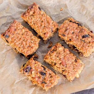 Flapjack Bars with Fruit & Nuts on baking paper