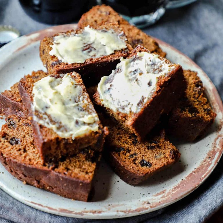 Irish Porter Cake buttered on plate