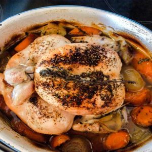 Slow Roasted Lemon Pepper Chicken in the roasting pan
