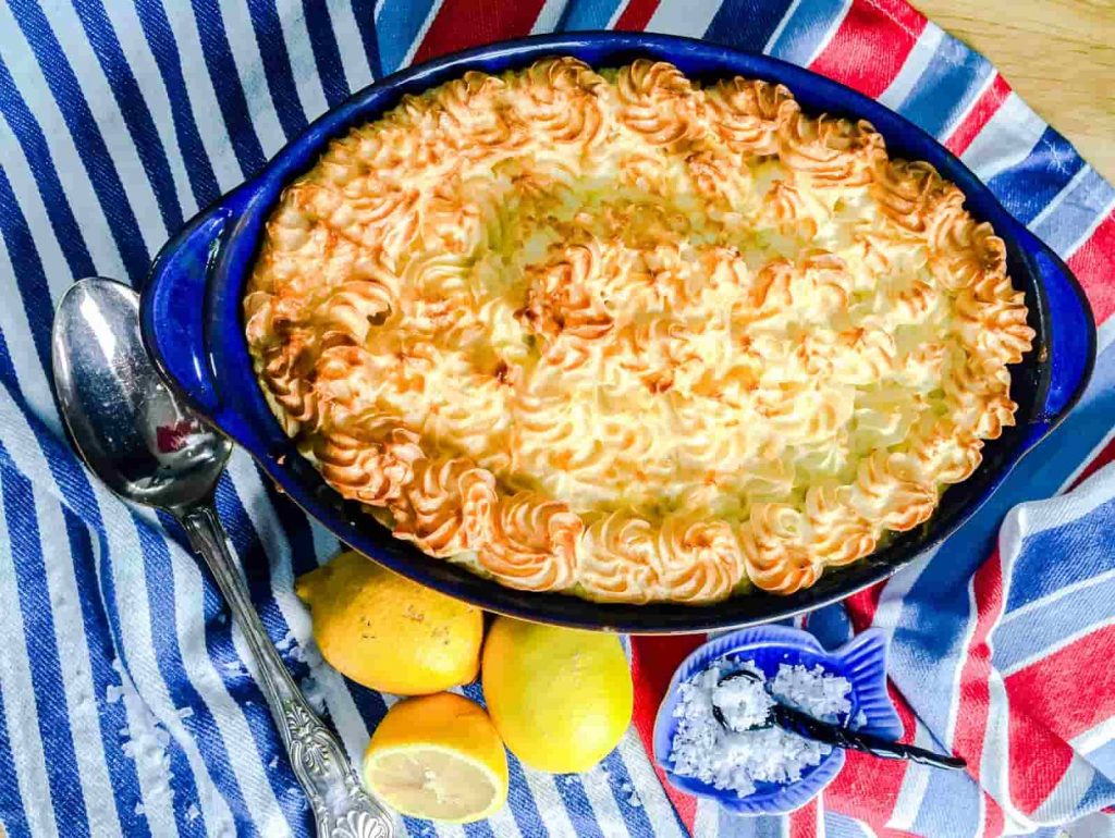 Low Calorie Fish Pie with Lemons and spoon