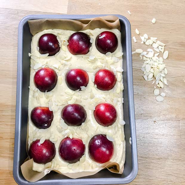 Cake pan with mixture topped with halved plums.