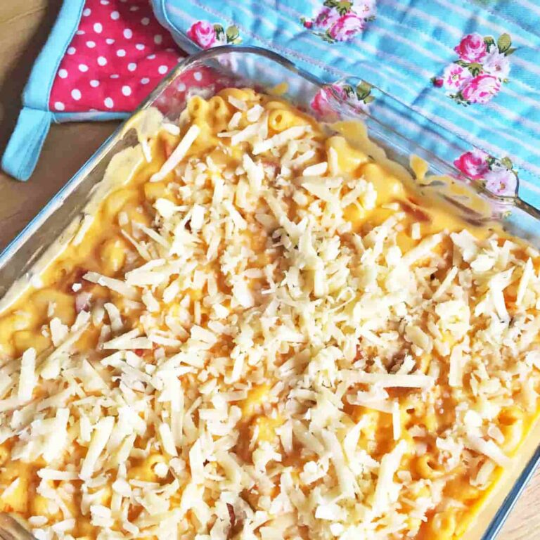 chorizo butternut squash macaroni cheese ready for the oven.
