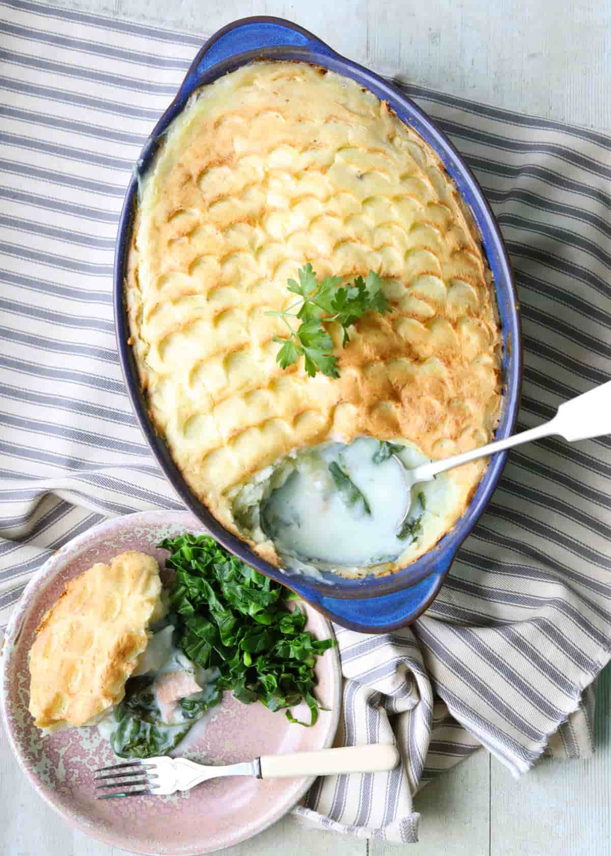 Low Calorie Fish pie with plate and fork