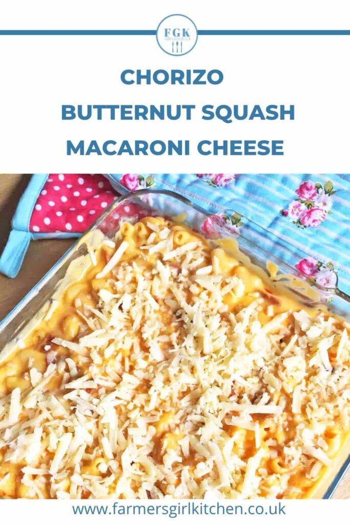 chorizo butternut squash macaroni cheese in dish.
