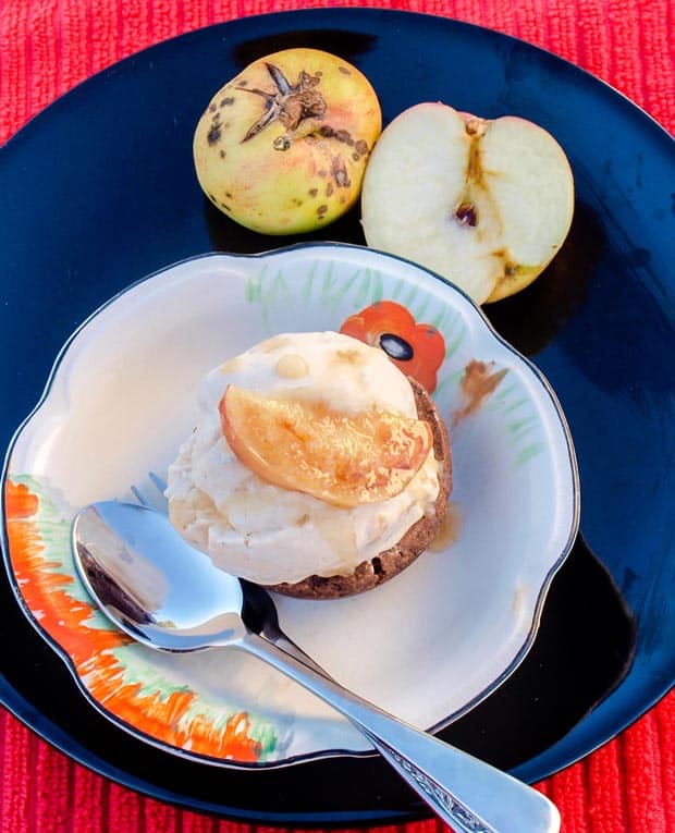 Plate with apples and bowl with Caramel Apple Ice Cream on a cookie cup and spoon.
