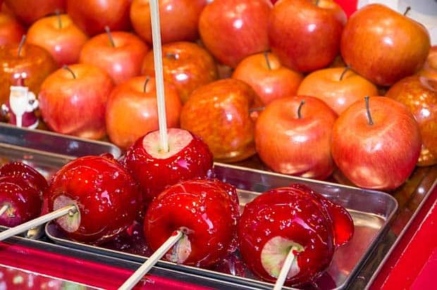 Apples and Candy apples with sticks in