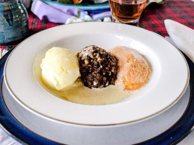 Plate of Haggis and vegetables