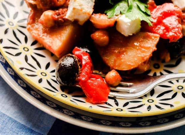 Close up of olive and red pepper in Greek Baker's Pot Recipe