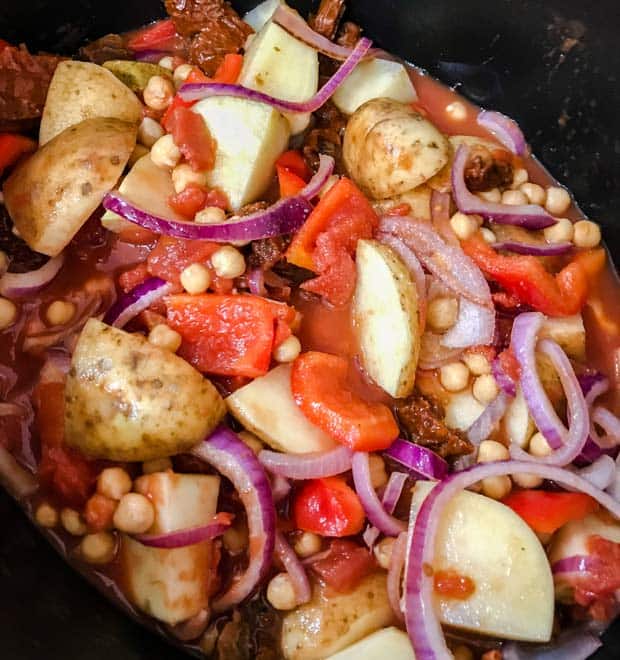 Slow Cooker Greek Baker's Pot ready to cook in Slow Cooker