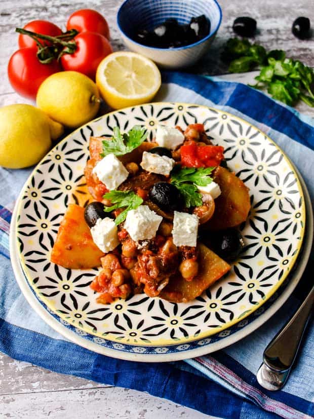 Plate of Green Baker's Pot with feta and olives 