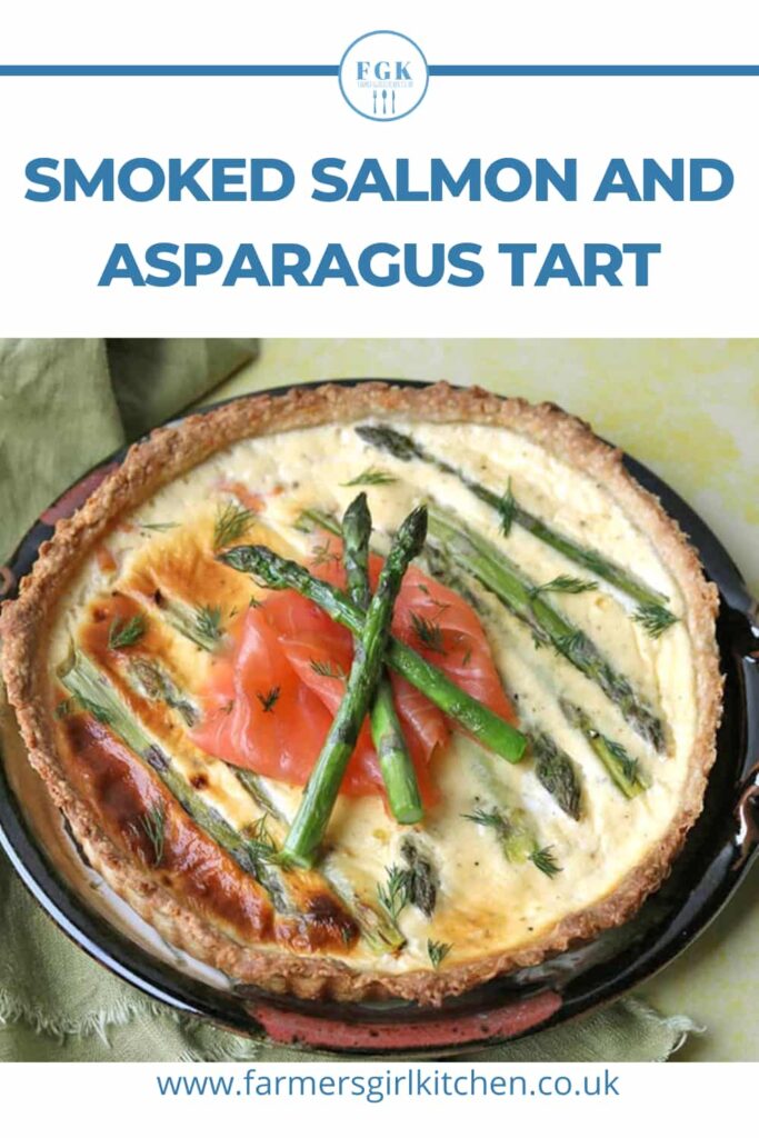 smoked salmon and asparagus tart garnished with extra salmon and asparagus.