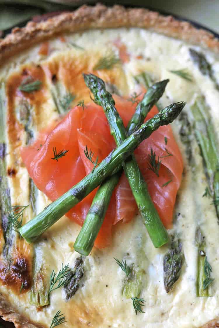 Scottish Smoked Salmon and Asparagus tart photograpphed close up.