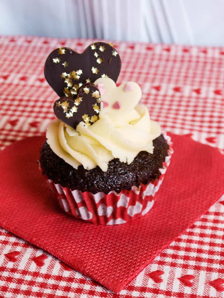 Chocolate Gingerbread Cupcakes, dress them up with chocolate hearts for a perfect Valentine's Day gift