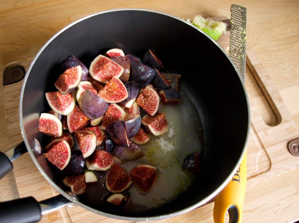 Put all the ingredients in the pan for Fig & Lime Jam 