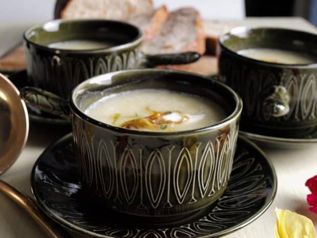 I serve the Leek and Potato Soup with a swirl of cream and crispy fried onions