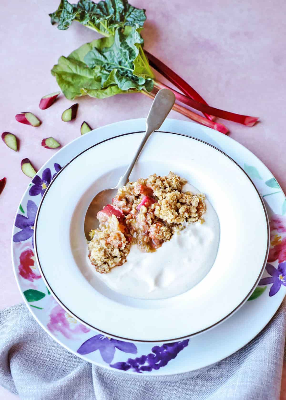 Rhubarb Crumble in bowl with custard and spoon
