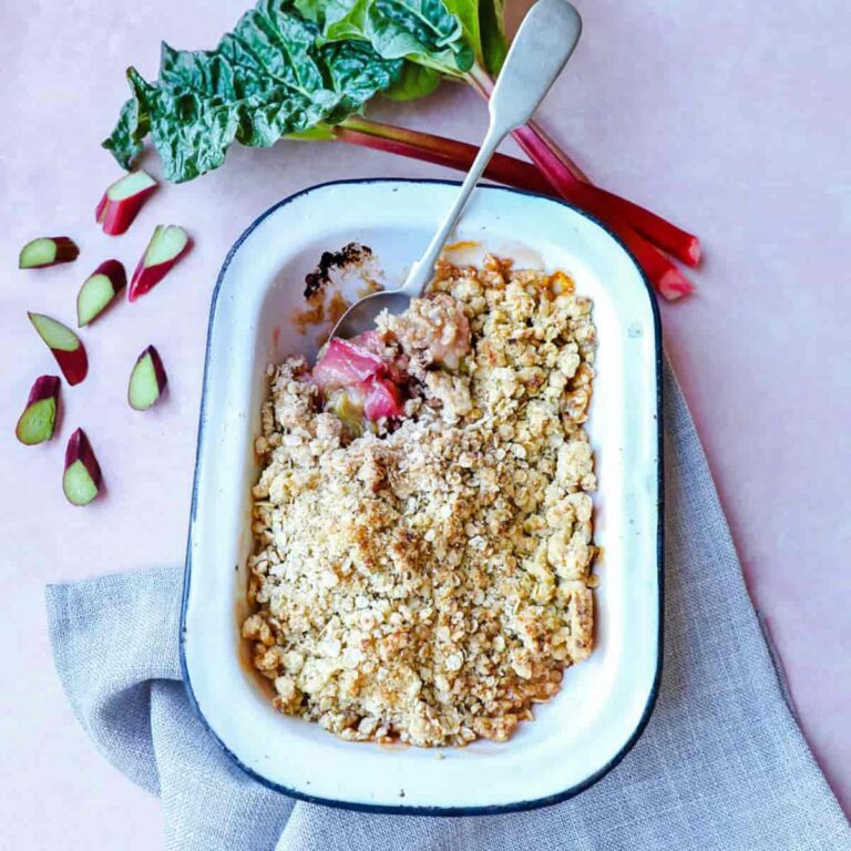 Classic Rhubarb Crumble in dish