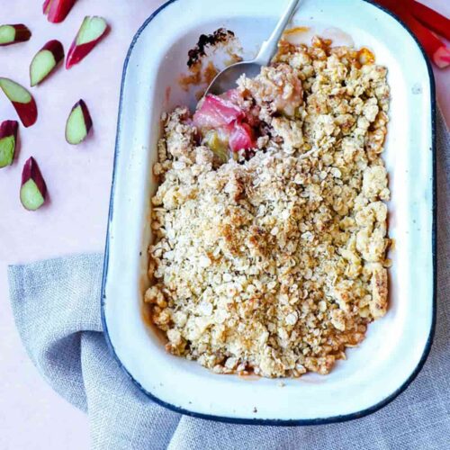 Rhubarb Crumble in baking dish