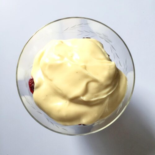 Blackberry and Apple Trifle covered in custard