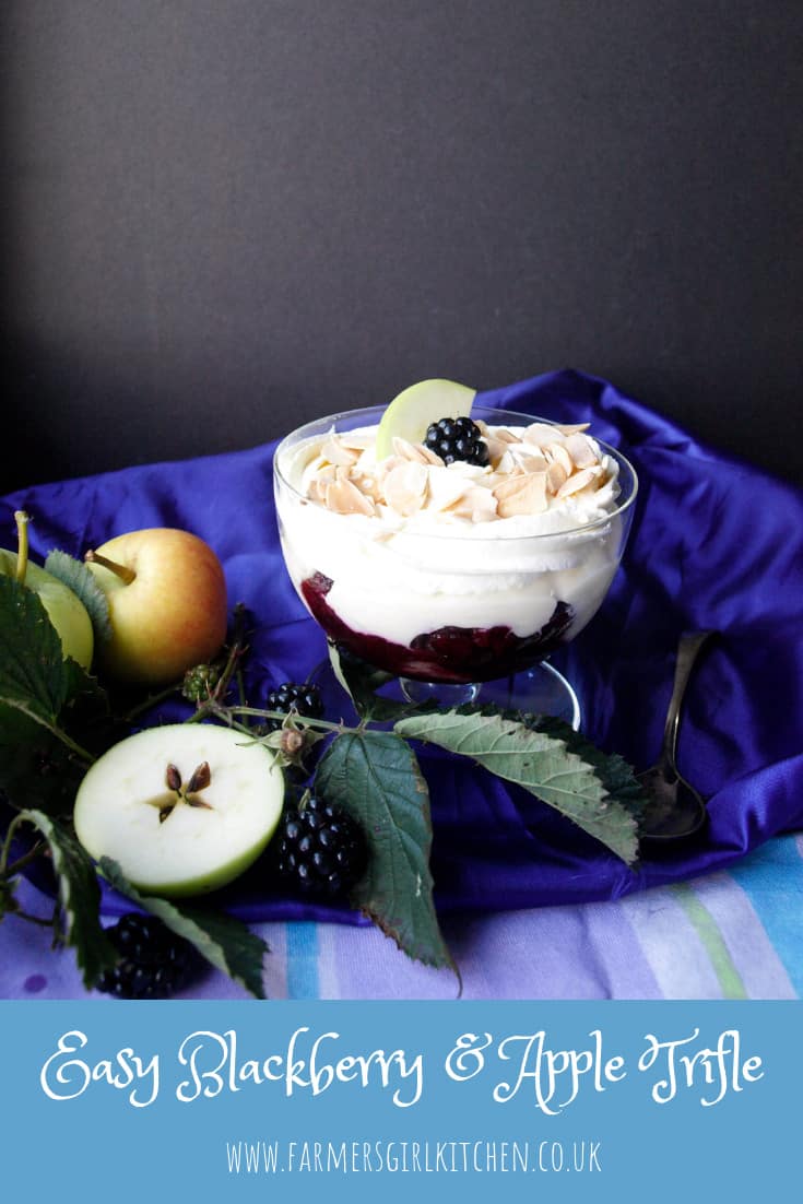 Easy Blackberry and Apple Trifle is a glorious layered dessert full of sweet and tart flavours topped with whipped cream and crunchy toasted almonds #blackberry #apple #trifle #easy #dessert #recipe #fall #autumn