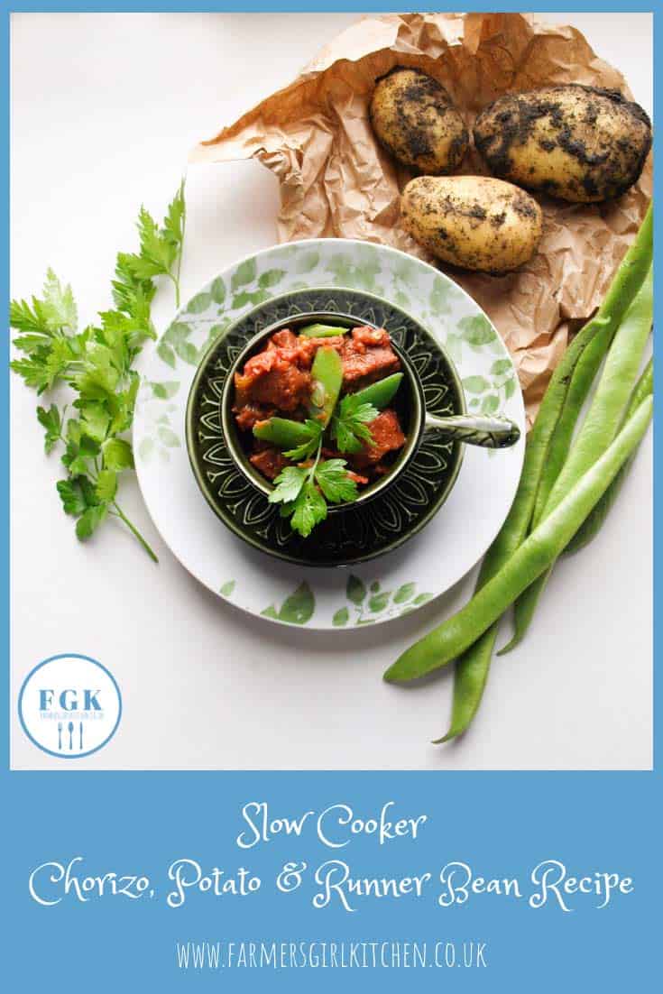 Slow Cooker Chorizo, Potato & Runner Bean Recipe a rich and delicious recipe designed to use the seasonal produce from your garden or allotment. No garden? No problem you can still make this recipe #slowcooker #chorizo #potato #runnerbean #recipe