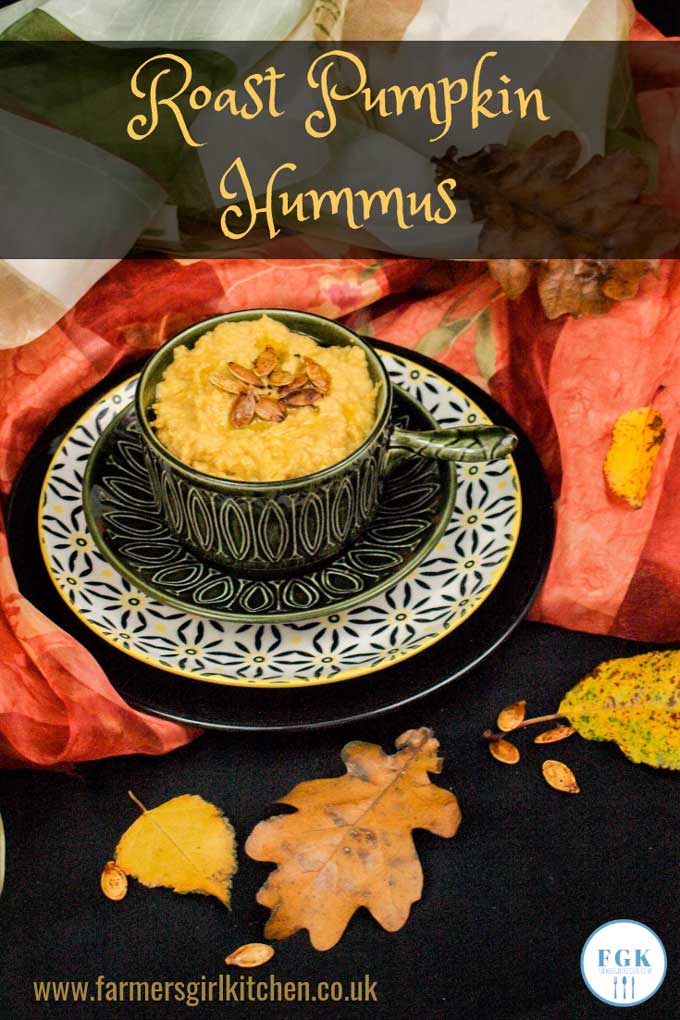 Roast Pumpkin Hummus combines sweet roasted pumpkin with chickpeas and tahini to make a delicious dip or spread, ideal for parties or family snacks served with pitta bread and carrot sticks #pumpkin #hummus #recipe #halloween #party #autuman #fall