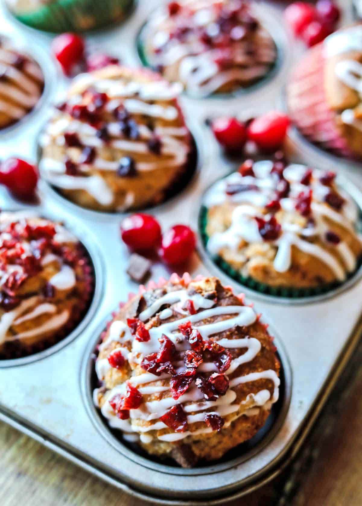 Chocolate and Cranberry Muffins in muffin tin 