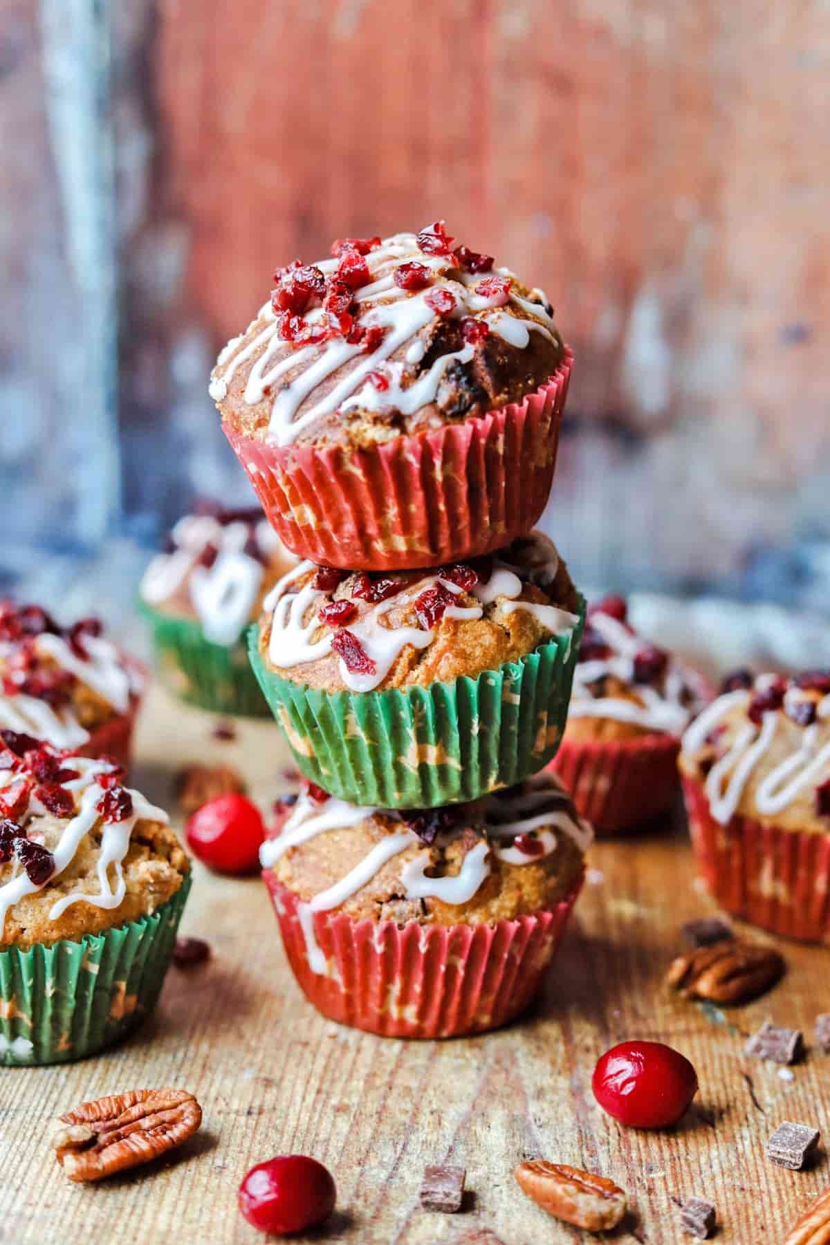 Chocolate and Cranberry Muffins Stacked with pecans and cranberries