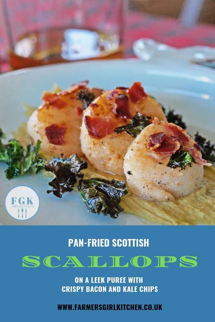 Sweet Scottish scallops are fried gently in butter sit on top of a creamy leek puree and topped with little pieces of crispy Ayrshire bacon and crunchy kale chips #scallops #leeks #bacon #appetiser #recipe