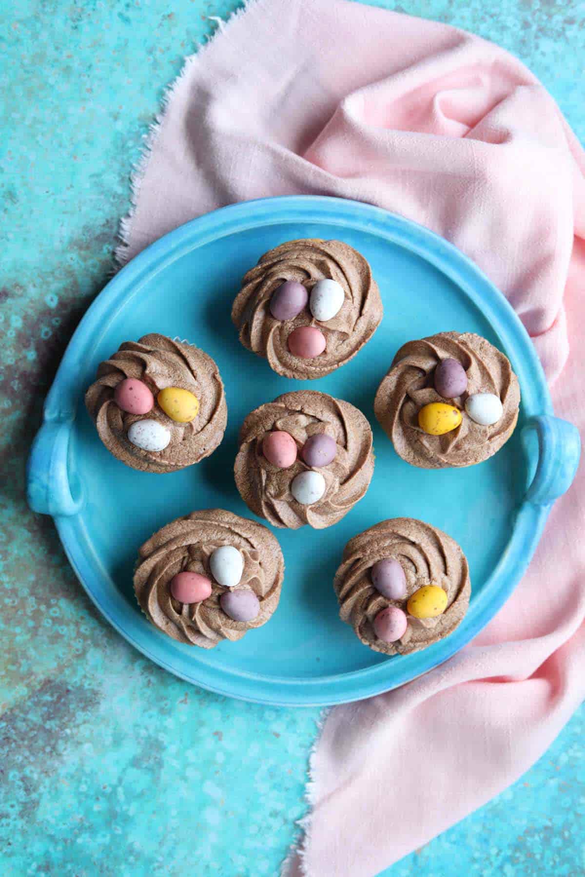 Easy Easter Nest Cupcakes from above on platter