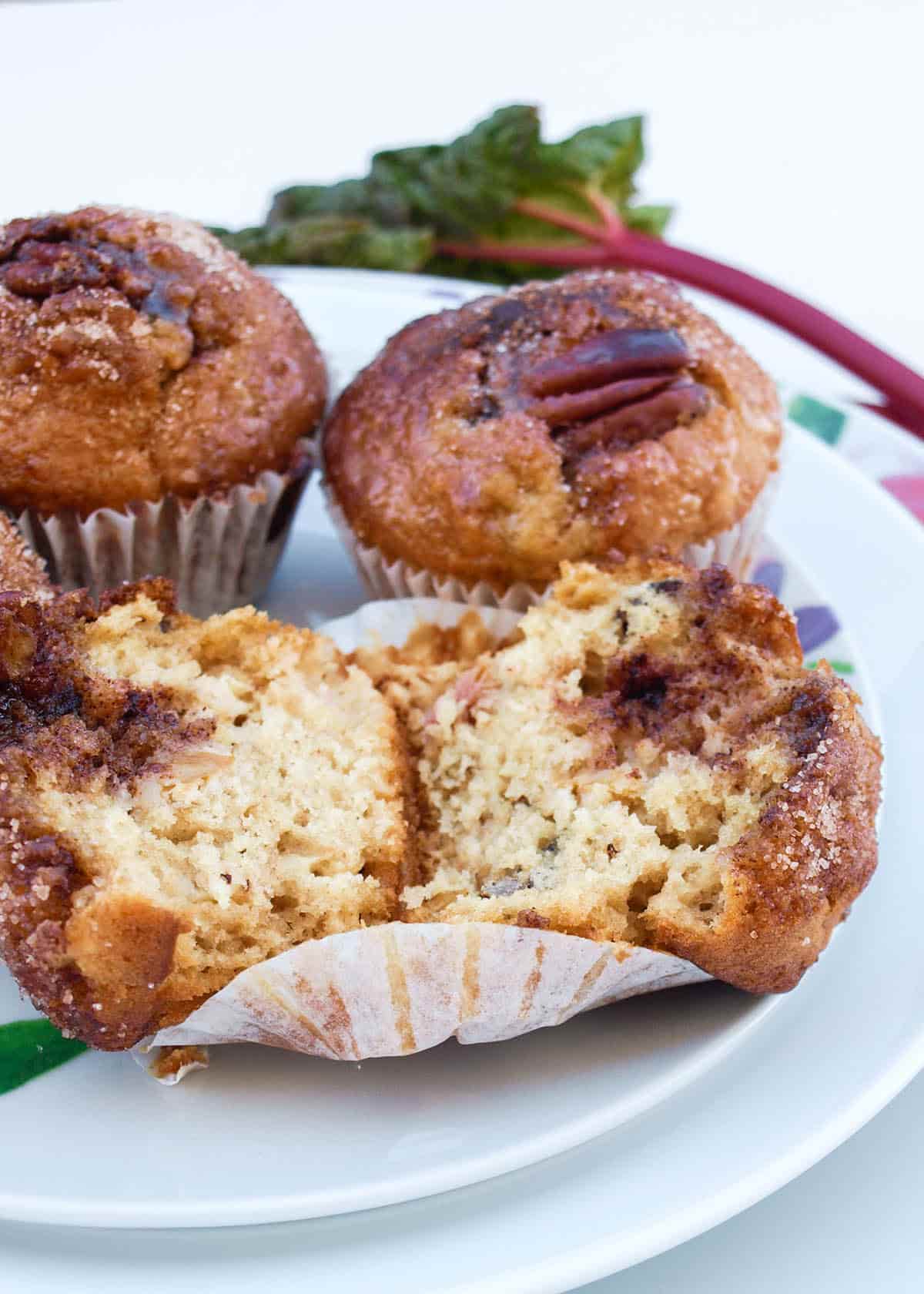 Rhubarb and Pecan Muffins one muffin cut open
