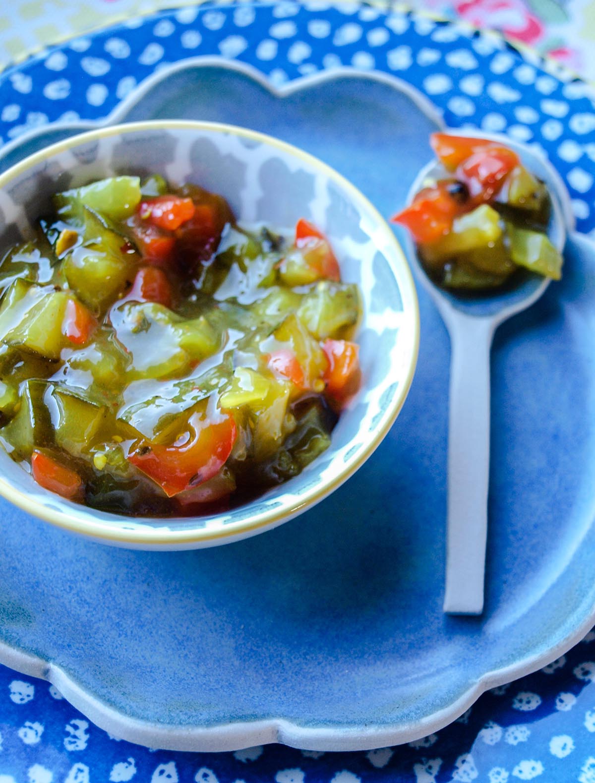 Sweet Cucmber Relish in bowl with spoon