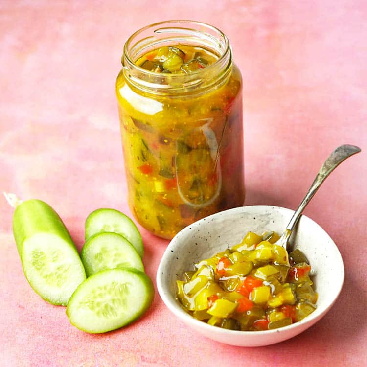 sweet cucumber relish with dish and cucumber.