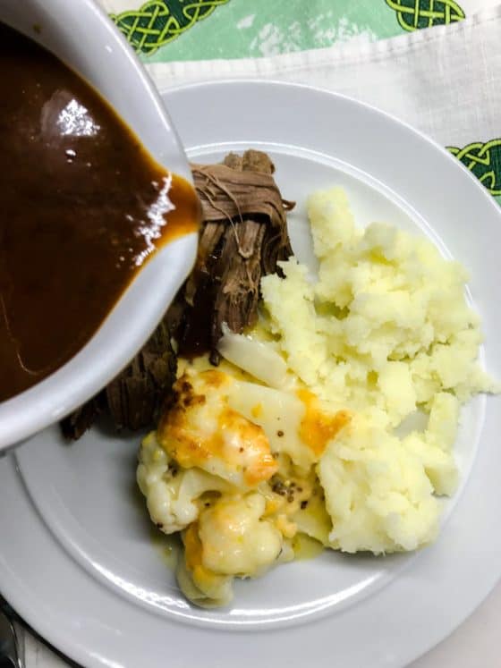 Gravy poured over Slow Cooker Chipotle Chilli beef 