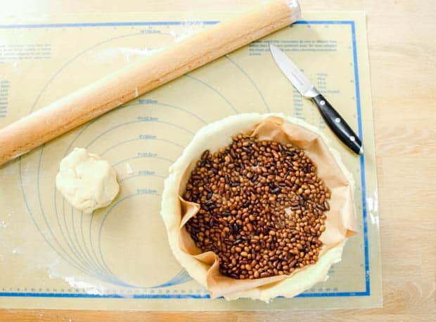 pastry case filled with baking beans