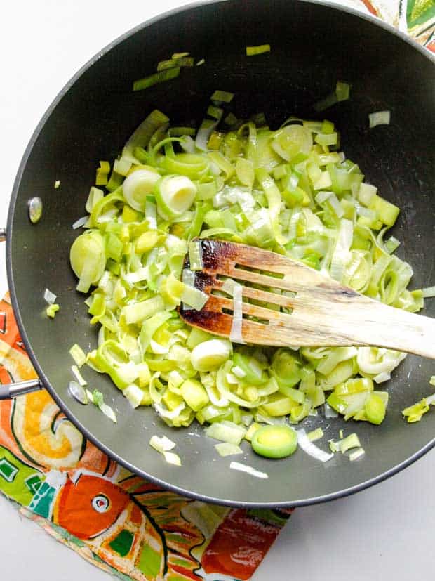 Leeks for Leek & Cheese Tart cooking in pan 