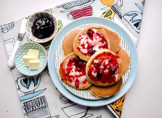 plate of pancakes with jam 