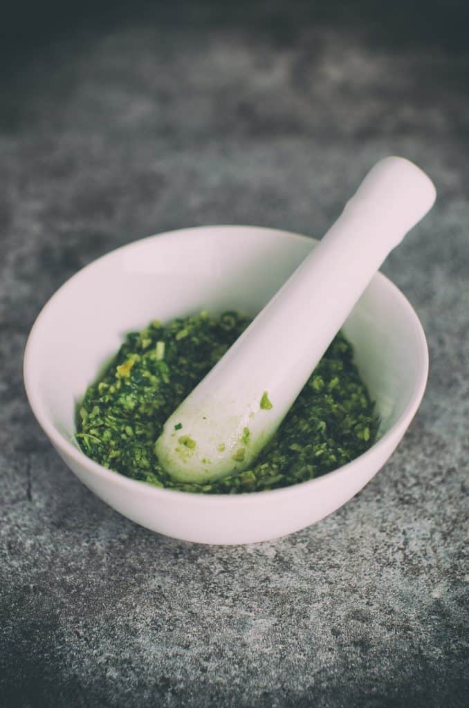 Mortar and Pestle with pesto