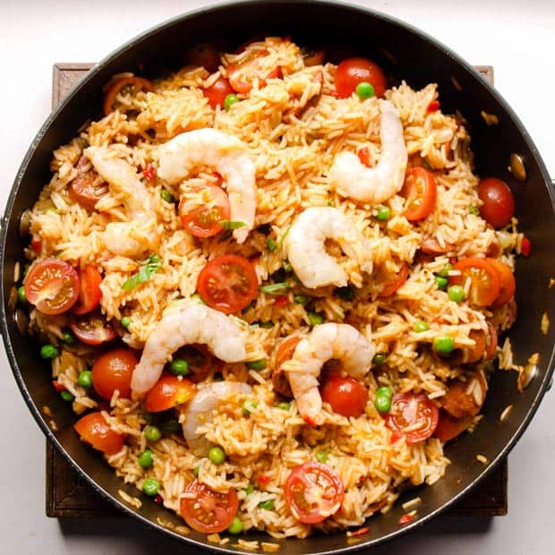 Finished Spicy Prawn & Chorizo Rice in the pan