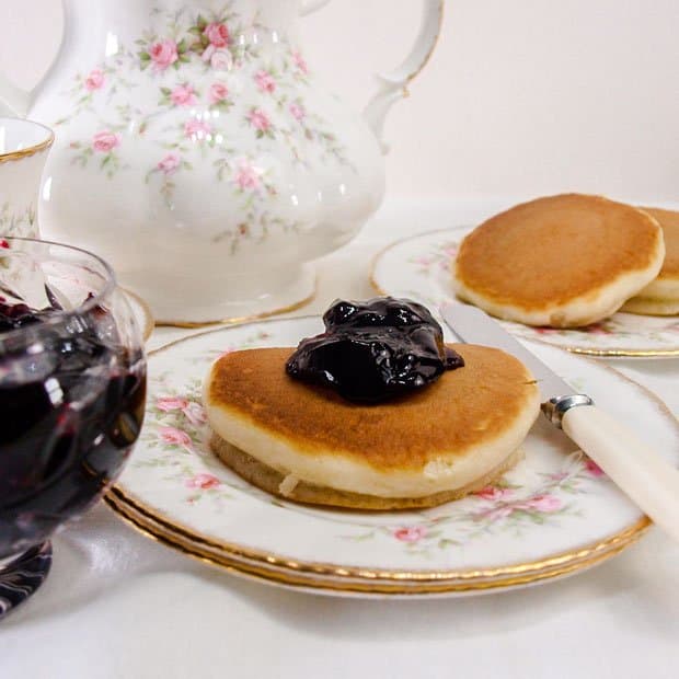 Blacberry & Apple Jelly with tea pot and pancakes